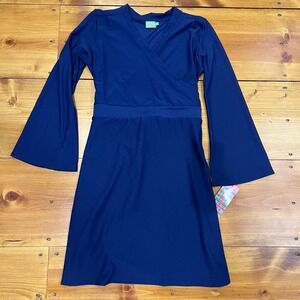 Katherine Way Navy Blue Faux Wrap Dress Size Large NWT Bell Sleeve Versaway A12